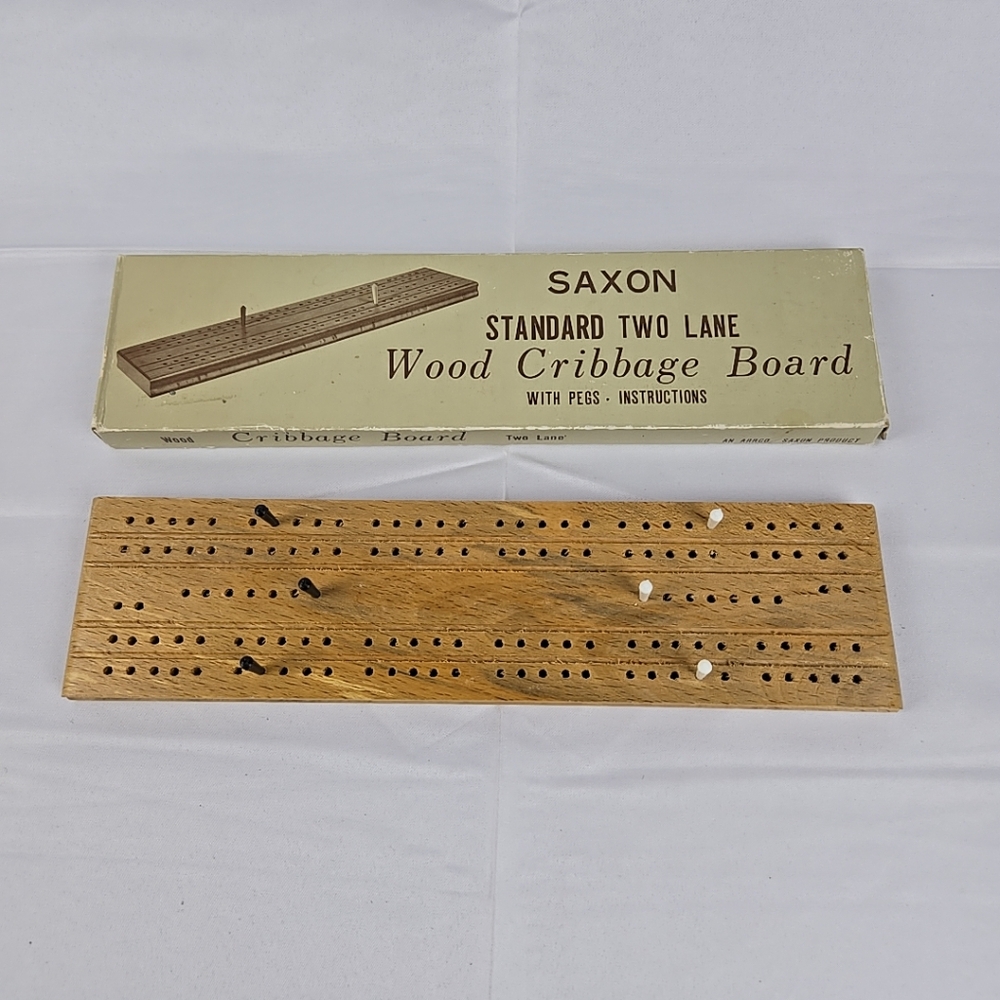 Vintage Cribbage Saxon Standard 1950s Two Lane Wood Board Complete Made in Japan